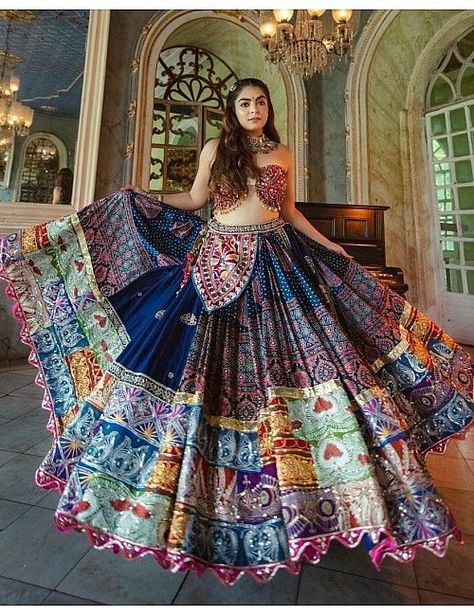 Multicolor cotton printed and mirror work gujarati garba navratri lehenga chaniya choli Navratri Lehnga Design, Garba Chaniya Choli Wedding, Navarati Dress, Gujarati Lehenga, घाघरा चोली, Gujarati Garba, Navratri Outfit, Drape Lehenga, Chanya Choli