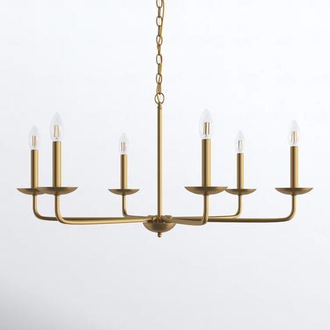 Joss & Main Baltray 6 - Light Dimmable Classic / Traditional Chandelier & Reviews | Wayfair Dining Room Decor Studio Mcgee, Brass Candle Chandelier, Modern Cottage Light Fixtures, Studio Mcgee Light Fixtures, Studio Mcgee Chandelier, Brass Lighting Kitchen, Simple Chandelier, Brass Light Fixture, Traditional Pendant Lighting