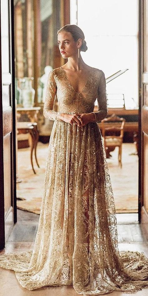 15 Gold Wedding Gowns For Bride Who Wants To Shine ❤️ gold wedding gowns a line with long sleeves plunging neckline nude emilyriggs #weddingforward #wedding #bride Gold Wedding Guest Dress, Wedding Gowns For Bride, Gowns For Bride, Black Wedding Guest Dresses, Wedding Gown A Line, Gold Wedding Gowns, Bridal Mehndi Dresses, White Bridal Gown, Red Bridal Dress