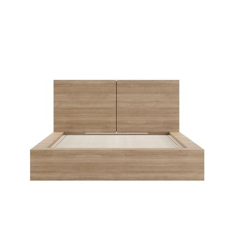 Crafted from high-quality engineered wood in an oak finish, this platform bed features a stunning headboard that complements its sleek, minimalist design, adding a touch of contemporary elegance to your space. The wood's natural grain color variation gives it an organic, inviting feel. The extra-wide bedsides not only offer a stylish modern look but also function as convenient surfaces for your books or charging devices. Its versatile rectangular silhouette effortlessly complements a variety of Wooden Queen Bed Frame, Japandi Bedroom Ideas, Beds With Headboards, Elegant Headboard, Rattan Bed Frame, Headboard Crafts, California King Bed Frame, Light Wood Bed, Queen Sized Bedroom Sets