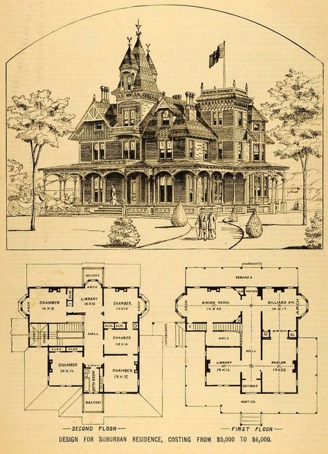 1879 Print Victorian House Architectural Design Floor Plans Gothic House Plans, Victorian House Floor Plans, Vintage Victorian House Plans, Victorian Floor Plans, Design Floor Plans, Victorian House Plan, Open Foyer, Victorian House Plans, Mansion Floor Plan