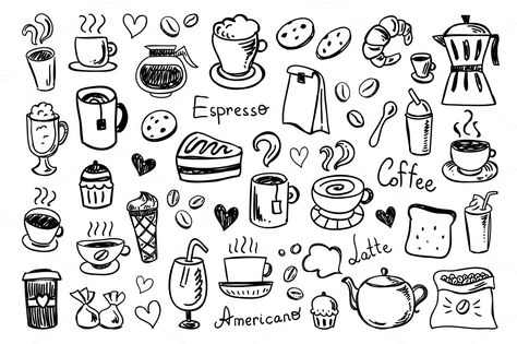 Coffee & Tea doodles by redchocolate on @creativemarket Tea Doodles, Coffee Designs Art, Sketchbook App, Coffee Doodle, White Cartoon, Coffee Tattoos, Line Art Vector, Coffee Drawing, All Elements
