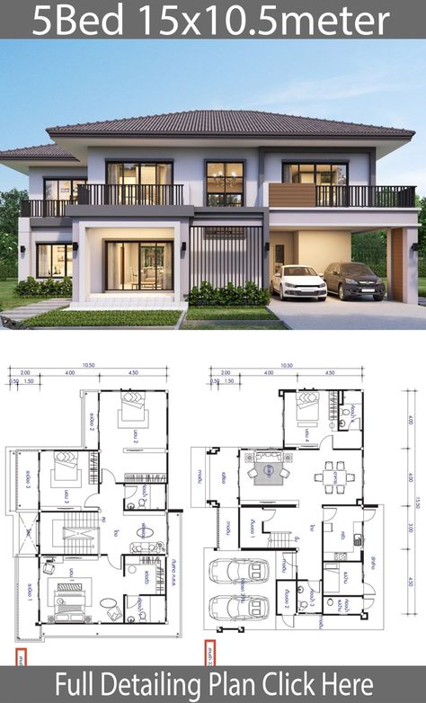 Pin On Casa 4 Habitaciones Villa Tugendhat, House Design Plan, Bedroom Bungalow, 5 Bedroom House Plans, Two Story House Design, Pelan Rumah, Double Storey House, Eksterior Modern, 2 Storey House Design