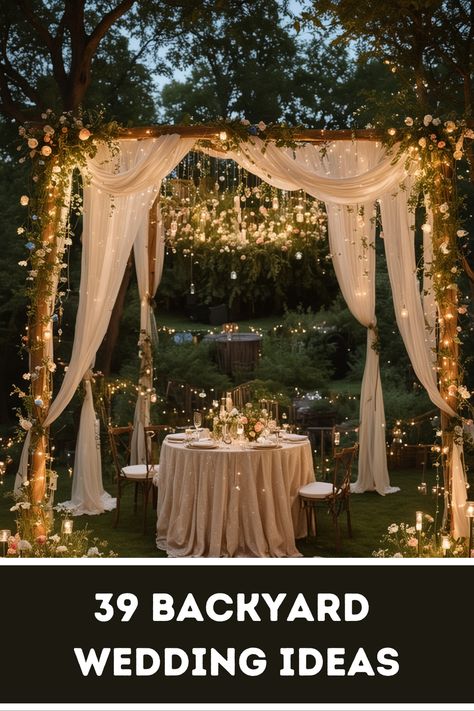 Turn your backyard into a wedding paradise with these enchanting ideas Rustic Outdoor Wedding Reception Ideas, Enchanted Backyard Wedding, Backyard Reception Decor, Dreamy Outdoor Wedding, Small Backyard Wedding Ideas Diy Decor, Diy Garden Wedding Ideas, Backyard Reception Ideas, Wedding In Backyard, Backyard Wedding On A Budget