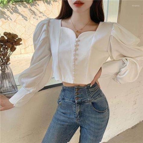 French Blouses, Big Collar Blouse, Puffy Sleeves Blouse, Fashion Week Dresses, Oc Outfits, Fashion Design Books, Dr Closet, Design Books, Button Up Blouse