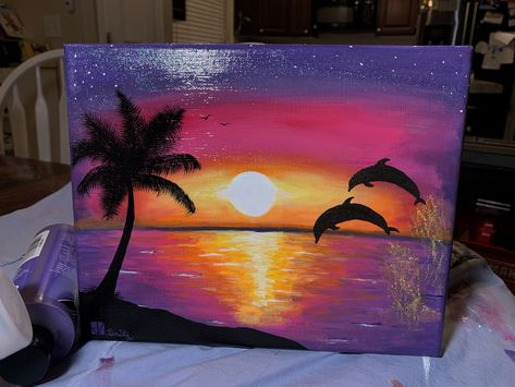 Dolphin Sunset, Beach Sunset Painting, Dolphin Painting, Sunset Canvas Painting, Easy Landscape Paintings, Easy Disney Drawings, Beach Drawing, Disney Canvas Art, Beach Art Painting