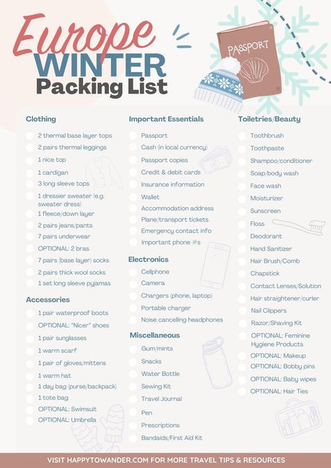 Here's the ONLY Packing List You Need for Winter in Europe Europe Winter Vacation Outfits, Winter Outfit For Europe, 7 Day Trip Packing List Winter, Europe In Winter Packing List, 4 Day Packing List Winter, European Winter Packing List, Winter Clothes List, Croatia Winter Outfit, Uk Winter Packing List