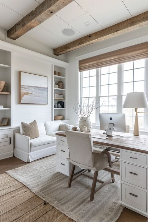 15 Feminine Home Office Ideas That Will Make You Want to Work All Day Study Room Farmhouse, Large White Desk Home Office, Home Office No Built Ins, Traditional Modern Office, Office Ideas Farmhouse Style, Light And Airy Home Office, White And Wood Office, Office At Home Ideas, Open Concept Home Office