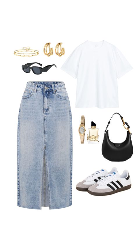 Denim skirt outfit idea, fashion inspiration, fit inspo, adidas samba, spring outfit, golden jewells, shoulder bag Denim Skirt Outfit, Casual Glam, Blazer Outfits For Women, Modesty Outfits, Denim Skirt Outfits, Casual Day Outfits, Neue Outfits, Capsule Outfits, Outfits Verano