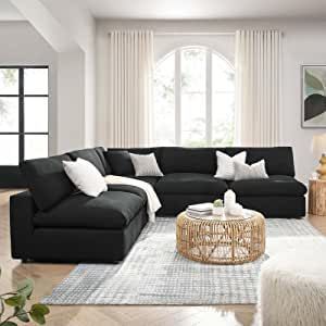 Black Sectional Living Room, Black Couch Decor, Black Couch Living Room Decor, Wood Living Room Decor, Black Couch Living Room, Black Corner Sofa, Black Sofa Living Room, Armless Sectional, Black Sectional