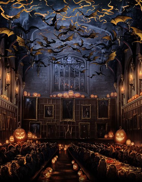 Harry Potter: “A thousand live bats fluttered from the walls and ceiling while a thousand more swooped over the tables in low black clouds, making the candles in the pumpkins stutter.” #Halloween #Hogwarts #Great Hall #Pottermore Fanart Harry Potter, Tapeta Harry Potter, Harry Potter Illustrations, Harry Potter Halloween, Harry Potter Artwork, Hogwarts Aesthetic, Potter Art, Cărți Harry Potter, Harry Potter Wallpaper