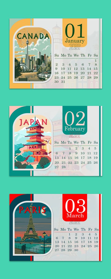 Colorful Calendar Design, Calender Ideas Design Creative, Graphic Calendar Design, Travel Calendar Design, Calender Designs Unique, Modern Cover Design, Cool Calendar Design, Japanese Calendar Design, Calendar Cover Design Ideas