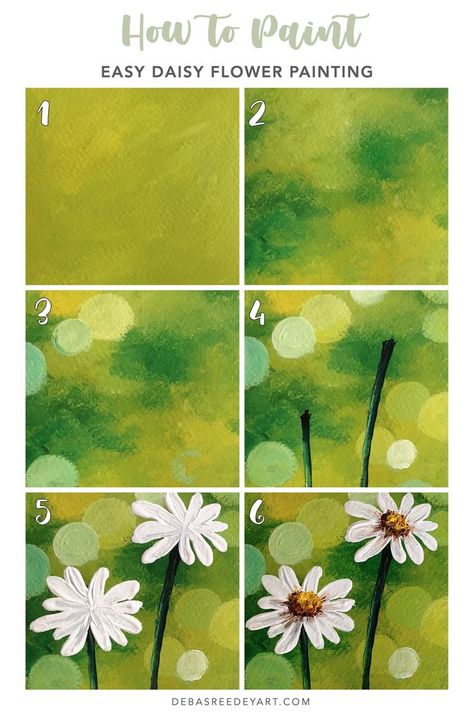 Acrylic painting of white daisy flowers on green background with bokeh effects landscape on acrylic paper Croquis, Paint Daisies, Daisy Flower Painting, Easy Nature Paintings, Learning To Paint, Acrylic Flower Painting, Painting Flowers Tutorial, Easter Paintings, Easy Flower Painting