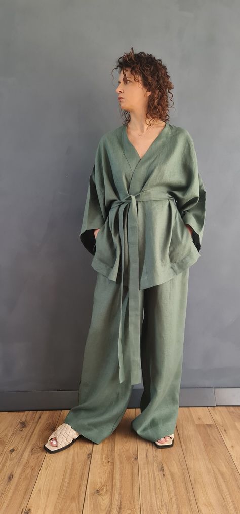 Couture, Kimonos, Linen Clothes For Plus Size Women, Linen Kimono Pattern, Lenin Coat Summer, Kimono Suit Woman, Winter Linen Outfit, Linen Women Outfits, Linen Sets Outfit