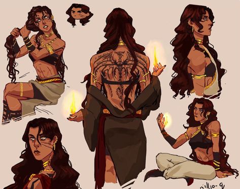 Back Tattoo Character Design, Growing Up Drawing Reference, Fire Magic Reference, Fire Magic Character Design, Scholar Pose Reference, Triplets Character Design, Tattooed Masc Women, Tattoo Idea Design, Snake Hair Character Design