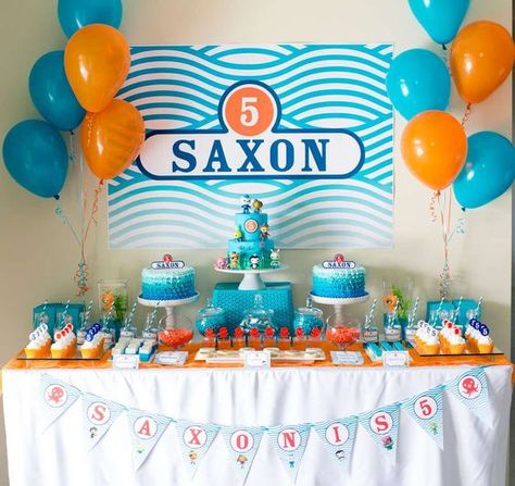 Blue and orange dessert table at a Octonauts birthday party! See more party ideas at CatchMyParty.com! Octonauts Birthday Party Ideas, Cake Table Decorations Birthday, Octonauts Cake, Octonauts Birthday Party, Octonauts Party, Octonauts Birthday, Cake Table Birthday, 5th Birthday Party, 5th Birthday Party Ideas