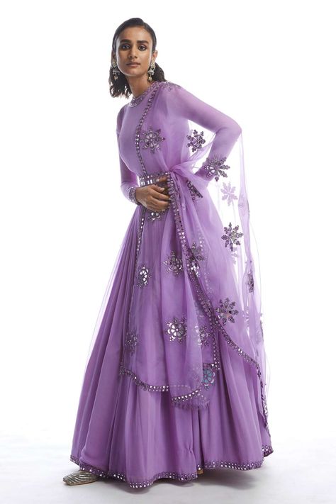 Mirror Belt, Chiffon Anarkali, Purple Anarkali, Vani Vats, Floor Length Anarkali, Statement Mirror, Knife Pleats, Luxury Sale, Chiffon Dupatta