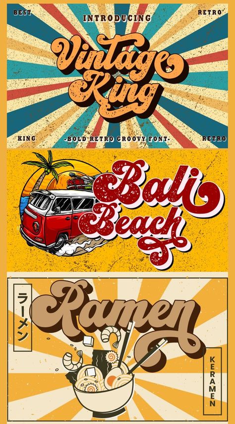 Vintage King - Retro Groovy Font| Fonts Display Logos, Retro Design Poster, Retro Groovy Font, Retro Typography Design, Fonts And Calligraphy, 70s Nostalgia, Groovy Font, Retro Graphic Design, Retro Typography