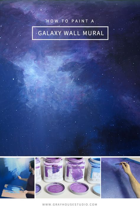 Diy Celestial Wall Mural, Night Sky Painted Wall, Space Theme Wall Mural, Space Theme Paint Colors, Painting A Galaxy Wall, Diy Space Bedroom Decor, How To Paint Stars On Wall, Diy Galaxy Painting Wall, Galaxy Wall Design