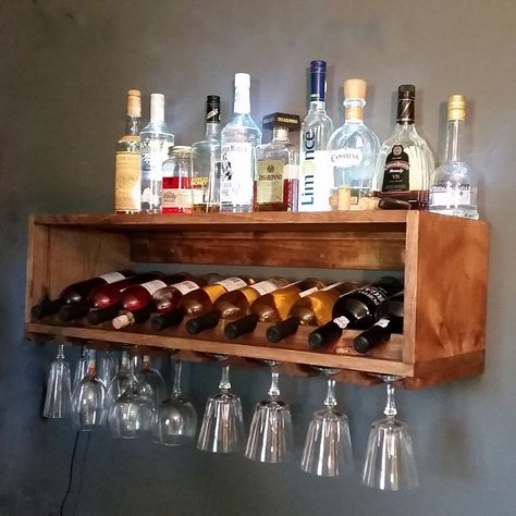 Custom Made Lighted Wine Bottle And Glass Rack - Alcohol Display Diy Wine Rack Design, Alcohol Display, Wine Rack Inspiration, Wine Rack Ideas, Alcohol Cabinet, Wine Rack Projects, Bar For Home, Wine Rack Design, Wine Bottle Display