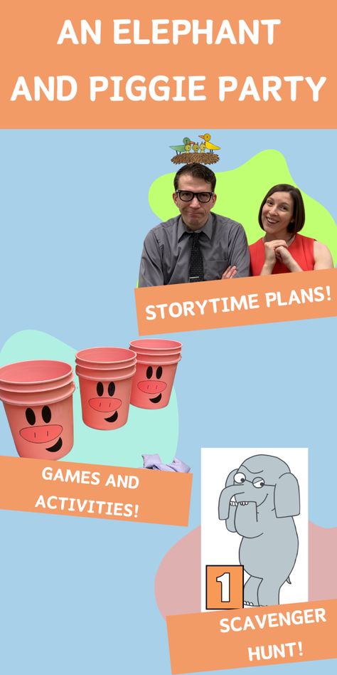 Even though their are currently no new books, Elephant and Piggie are still huge. Their books are usually always out, and their adventures easily translate into a full-scale program. I modeled this… Book Themed Games For Kids, Piggie And Elephant Activities, Elephant And Piggie Party, Elephant And Piggie Activities, Mo Willems Author Study, Piggie And Elephant, Elephant And Piggie, Storytime Ideas, Trunk Party