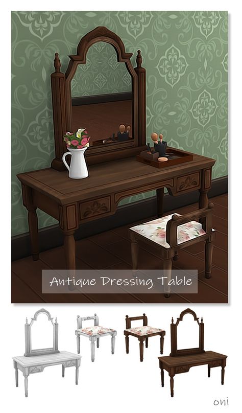 Antique Dressing Table | O-ni on Patreon Maxis Furniture Cc, Girly Sims 4 Cc Clothes, Sims 4 Cc Hanging Clothes Patreon, Sims 4 1800s Furniture, Vintage Furniture Sims 4, Rory Gilmore Sims 4 Cc, Sims 4 Tables Cc, Cottage Sims 4 Cc Furniture, Ts4 Antique Cc