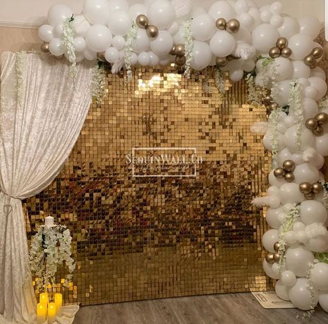 Sequin Walls & Backdrops on Instagram: “A beautiful setup to say their “I Dos”.. with the always and forever collab @heliumhaven. We loved working with our client to create this…” Gold Sequin Wall Backdrop, Ballon Background Backdrop Ideas, Gold Foil Backdrop, 18th Party Ideas, Sequin Curtains, Sequin Wall, Shimmer Wall, Sequin Backdrop, Curtain Backdrops