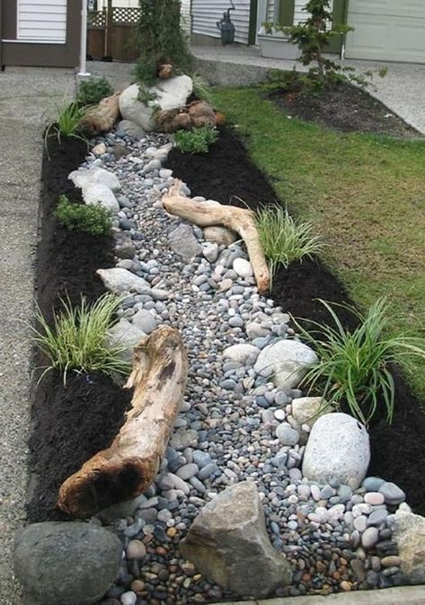 Dry Riverbed Landscaping, River Rock Landscaping, Small Front Yard Landscaping, Rock Garden Design, Hardscape Design, Desain Lanskap, Rock Garden Landscaping, Dry Creek, Low Maintenance Garden