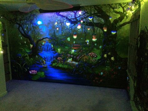 Enchanted forest bedroom mural under the blacklight - At night, under the black lights, the fairies come out to dance!  #HannonArtWorks Fantasy Wall Mural, Forest Room Decor Diy, Enchanted Forest Theme Nursery, Enchanted Forest Bathroom, Enchanted Forest Nursery Girl, Fairy Forest Wallpaper, Forest Theme Bedrooms, Enchanted Forest Nursery Theme, Forest Themed Room