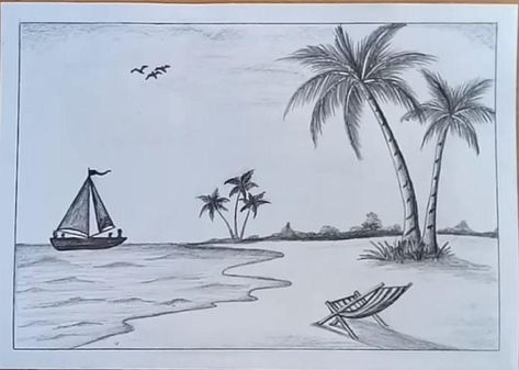 #pencildrawing #art #drawing #sketch #artist #pencil #artwork #pencilart Beach Scenes Drawing Pencil, Beach Sceans Drawing, Beach Seanery Drawing, Beach Seen Drawing, Pencil Beach Drawing, Beach Drawing Sketches Simple, Beach Sketch Pencil Simple, Easy Scenery Sketch, Draw Beach Easy