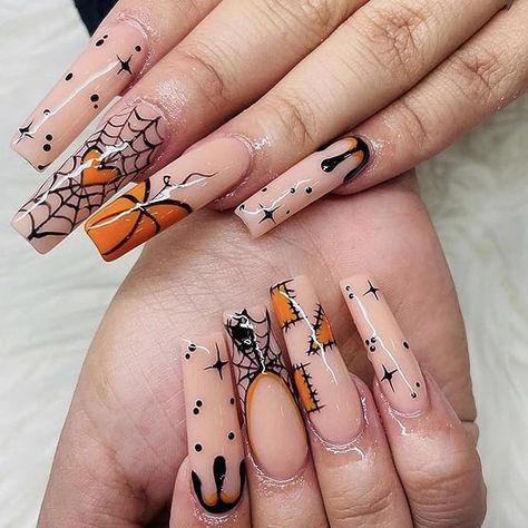 Pumpkin Spider Web, Nail Art Halloween, Halloween Press On Nails, Press On Nails Long, Nagel Tips, Halloween Acrylic Nails, October Nails, Nagellack Trends, Pumpkin Spider