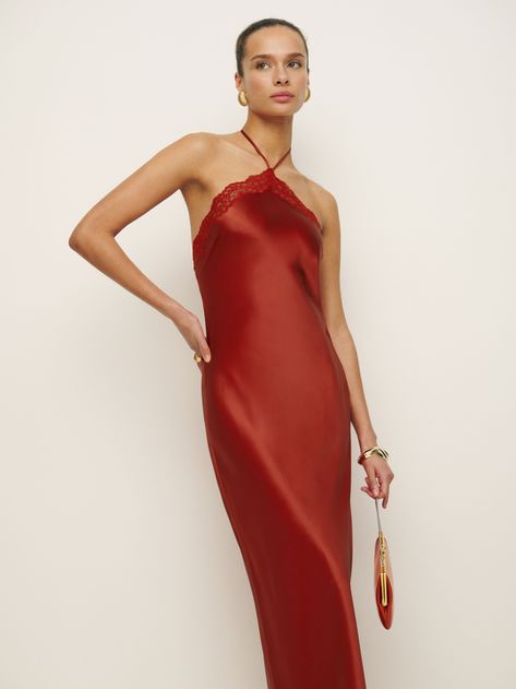 How fancy. Shop the Aara Silk Dress from Reformation, a midi dress with a halter neckline and lace detailing. Silk Dresses Outfit, Formal Wedding Attire, Fancy Shop, Rehearsal Dinner Dresses, Essential Dress, Swimwear Dress, Reformation Dress, Silky Dress, Silk Midi Dress