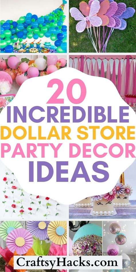 Looking for party decorations on a budget?! Save money on these budget-friendly supplies and DIY craft ideas from the dollar store. From party decorations to party favors and game ideas, there's endless creative party decor to choose from that won't break the bank. Homemade Party Decorations Diy Ideas, Diy Backyard Birthday Party Ideas On A Budget, Decorating Ideas For Outside Party, Diy 3rd Birthday Decorations, Diy Decoration For Birthday, Elegant Party On A Budget, Cheap Easy Party Decorations, Upcycle Party Decorations, Diy House Party Decorations