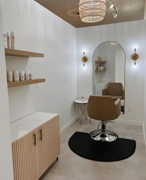 Hair Saloon Interiors Ideas, Salon At Home Ideas Small Spaces, Home Hair Salons Ideas Small, Salon Shed Interior, Salon Suite Lighting Ideas, Garage Hair Salon Conversion, One Person Hair Salon Ideas, Studio Salon Ideas Small Spaces Bohemian, Salon Rental Space