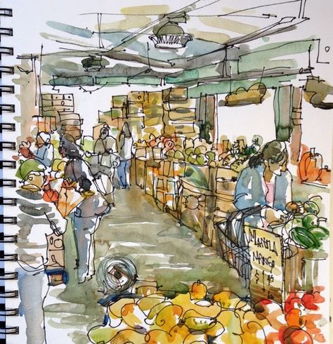 Urban sketchers show the world, one drawing at a time. Croquis, Mountain View California, Milk Pail, Canada City, Fruit Market, Observational Drawing, Watercolor Journal, City Market, Travel Sketches