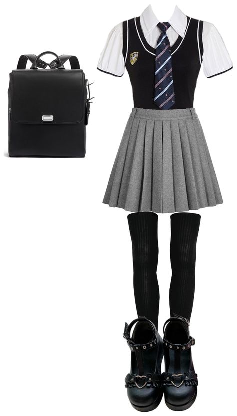 Gray School Skirt, School Outfits Uniform Aesthetic, Grey School Skirt Outfit, Preppy School Outfits Uniform, Korean Girl School Outfits, School Outfit Ideas Uniform, Kpop School Outfits, School Outfit Drawing, Back To School Uniform Ideas