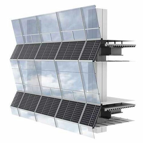 Curtain wall with integrated solar panel detail Solar Panels Architecture, Curtain Wall Detail, Ikea Curtains, Design Blogs, Rustic Curtains, Green Architecture, Glass Facades, Building Facade, Facade Architecture