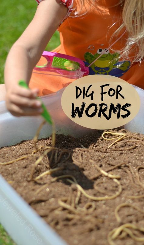 Digging for "worms" - a fun activity that will have the kids laughing and screeching. {Can you guess what was used for worms?  So realistic!} Dirt And Worms, Sensory Tubs, Bugs Preschool, Spring Preschool, Kids Laughing, Preschool Science, Outdoor Learning, Spring Activities, Fine Motor Activities