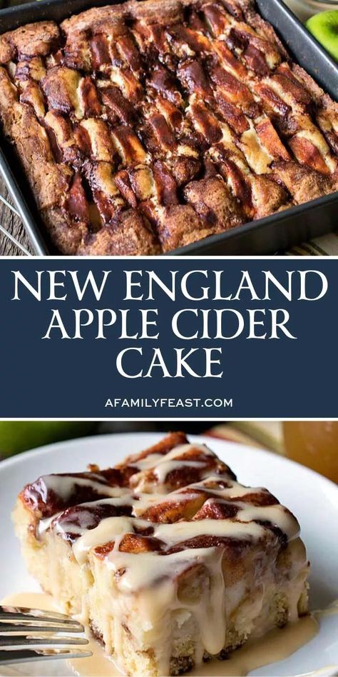 New England Apple Cider Cake - A Family Feast® Creamy Apple Cider, Apple Cider Cake, Apple Cider Glaze, Cider Cake, Apple Cider Recipe, Cider Recipe, Granny Smith Apples, Granny Smith, Food Cakes