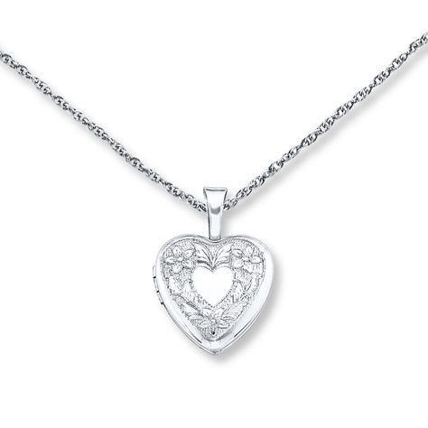 This lovely heart-shaped locket necklace for her is crafted of sterling silver with a floral design. The pendant sways from an 18-inch cable chain that fastens with a spring ring clasp. Sterling Silver Locket Necklace, Necklace Styles, Silver Locket Necklace, Kay Jewelry, Heart Shaped Jewelry, Sterling Silver Locket, Silver Locket, Heart Locket Necklace, Necklace For Her