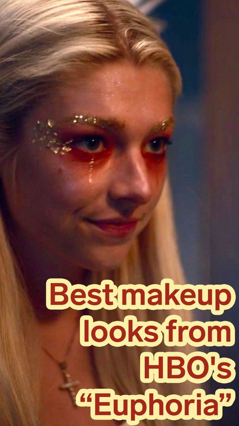 How To Do Euphoria Makeup, Euphoria Red Makeup, Euphoria Themed Makeup Maddy, Euphoria Themed Makeup Glitter, Easy Glitter Makeup, Euphoria Makeup Red, Red Euphoria Makeup, Space Theme Makeup, Maddie Makeup Euphoria