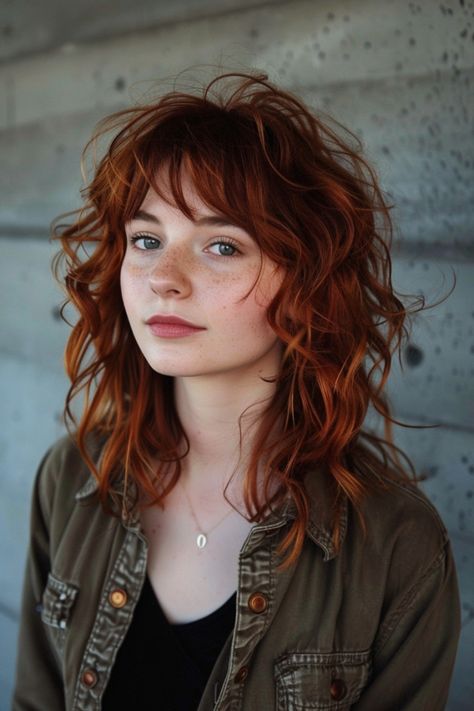 Red-haired woman with freckles looking at the camera against a blurred concrete wall background. Curly Hairstyles With Layers, Shoulder Length Curly Haircuts, Shoulder Length Curly Hairstyles, Mid Length Curly Hairstyles, Shoulder Length Wavy Hair, Shoulder Length Curls, Long Shag Hairstyles, Curly Hair Trends, Shoulder Length Curly Hair