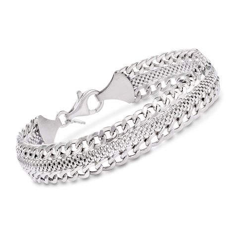 PRICES MAY VARY. Sterling silver bracelet for women. 3/8" wide. 7" long. Lobster clasp has a spring mechanism for sturdy security. Brushed and polished sterling silver. Crafted in Italy. Includes jewelry presentation box. ITALIAN STERLING SILVER BRACELET FOR WOMEN: This stunning bracelet in Italian sterling silver is a classic addition to her jewelry box & lends sophistication to any outfit. With a luxurious polished finish, this is a perfect bracelet for women. ROSS-SIMONS QUALITY: Treat yourse Jewelry Presentation, Byzantine Necklace, Cuban Link Necklace, Silver Bracelets For Women, Unique Gifts For Women, Link Earrings, Diamond Hoop Earrings, Sterling Silver Bracelet, Silver Diamonds