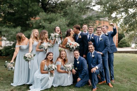 Blue Suit And Bridesmaids, Green Dresses Blue Suits, Wedding Navy Suits Bridal Parties, Light Blue Bridesmaid Dresses With Navy Suits, Summer Groomsmen Attire Navy, Light Blue Bridesmaids Navy Groomsmen, Blue Bridesmaid Dresses With Groomsmen In Black, Blue Bridesmaids Dresses With Groomsmen, Dusty Blue Navy And Gray Wedding