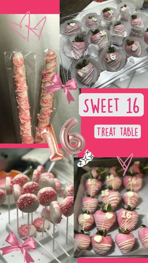 Sweet 16 birthday party treat table Food For Sweet 16 Party, Sweet 16 Pink Party, Sweet 16 Decorations Pink, Birthday Party Treat Table, 16 Shades Of Pink Party, Sweet 16 Candy Table, Sweet 16 Activities, Birthday Snack Table, Sweet 16 Inspo