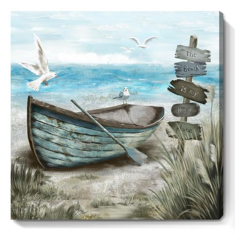 PRICES MAY VARY. ➤【CALMING SEASHORE AESTHETIC】 This serene beach themed wall picture captures sea birds resting on the rowboat. Behind the boat is blue ocean with the soaring seagulls. The nautical palette of blues, sand beige, tan, and fluffy white clouds provide a soothing feel. Hang this coastal wall art up for a calming vibe, and escape to the beach each day after work in the comfort of your home. ➤【LIGHTWEIGHT AND EASY TO HANG】This beachy decor wall picture is lightweight and easy to hang i Boat On Beach, Farmhouse Artwork, Boat Artwork, Nautical Painting, Coastal Artwork, Seascape Canvas, Beach Artwork, Ocean Canvas, Beach Canvas