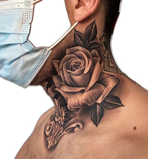 Mens Rose Neck Tattoo, Neck To Chest Tattoo, Men’s Throat Tattoo Ideas, Money Rose Neck Tattoo, Mens Side Neck Tattoo Ideas, Neck Tattoos For Men Throat, Tattoo Throat Men, Rose Throat Tattoo Men, Mens Tattoos Neck