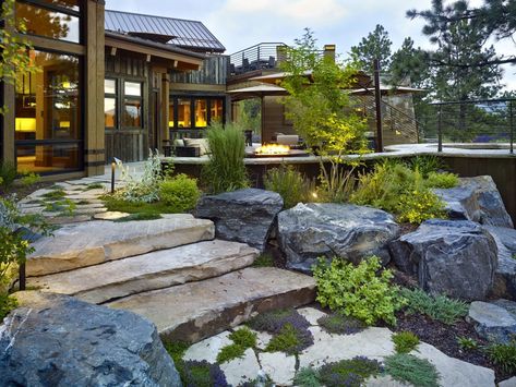 Creating an alpine getaway in your own backyard @LifescapeCo Colorado Landscaping, Zen Rock Garden, Gravel Landscaping, Low Water Gardening, Small Water Features, Hillside Garden, Evergreen Garden, Colorado Landscape, Rustic Luxe