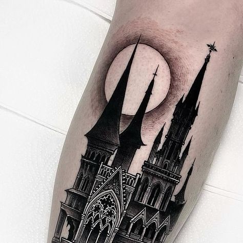 Lorraine, Gothic Castle Tattoo Sleeve, Castle Chest Tattoo, Draculas Castle Tattoo, Dracula Castle Tattoo, Gothic Forearm Tattoo, Castle Tattoo Gothic, Dark Castle Tattoo, Gothic Castle Tattoo