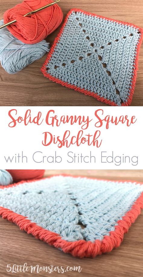 Solid Granny Square Dishcloth with Crab Stitch Edging, easy crochet dishcloth patterns with video tutorial for edging. Granny Dishcloth Crochet, Granny Square Crochet Dishcloth, Crochet Granny Square Dishcloth Pattern, Single Crochet Granny Square Pattern, Granny Square Washcloth Pattern, Crochet Granny Square Washcloth Free Pattern, Granny Square Washcloth, Crochet Granny Square Dishcloth, Granny Square Dishcloth Pattern